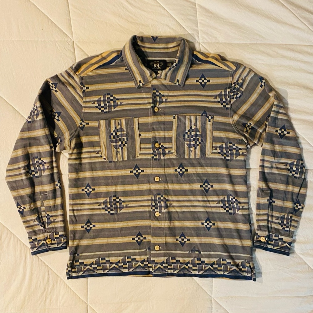 Ralph Lauren Double RRL Western Native Blue & Beige Button Shirt Men Size Large